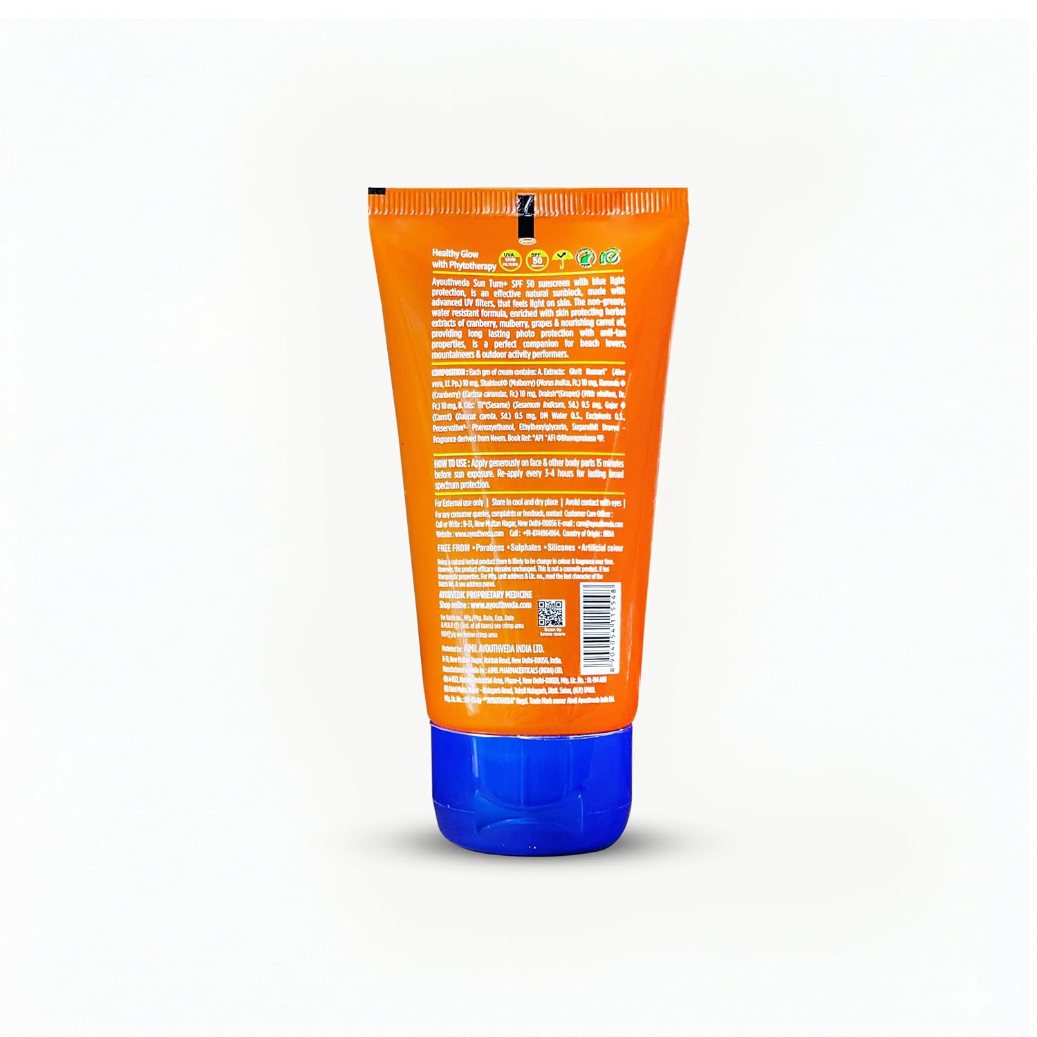 Ayouthveda Sun Turn+ SPF 50 PA++++ Sunscreen | Broad Spectrum UV & Blue Light Protection for Face & Body with Hyaluronic Acid | Hydrating Anti-Aging Formula | Non-Greasy & Water-Resistant | 60g (Pack of 1)
