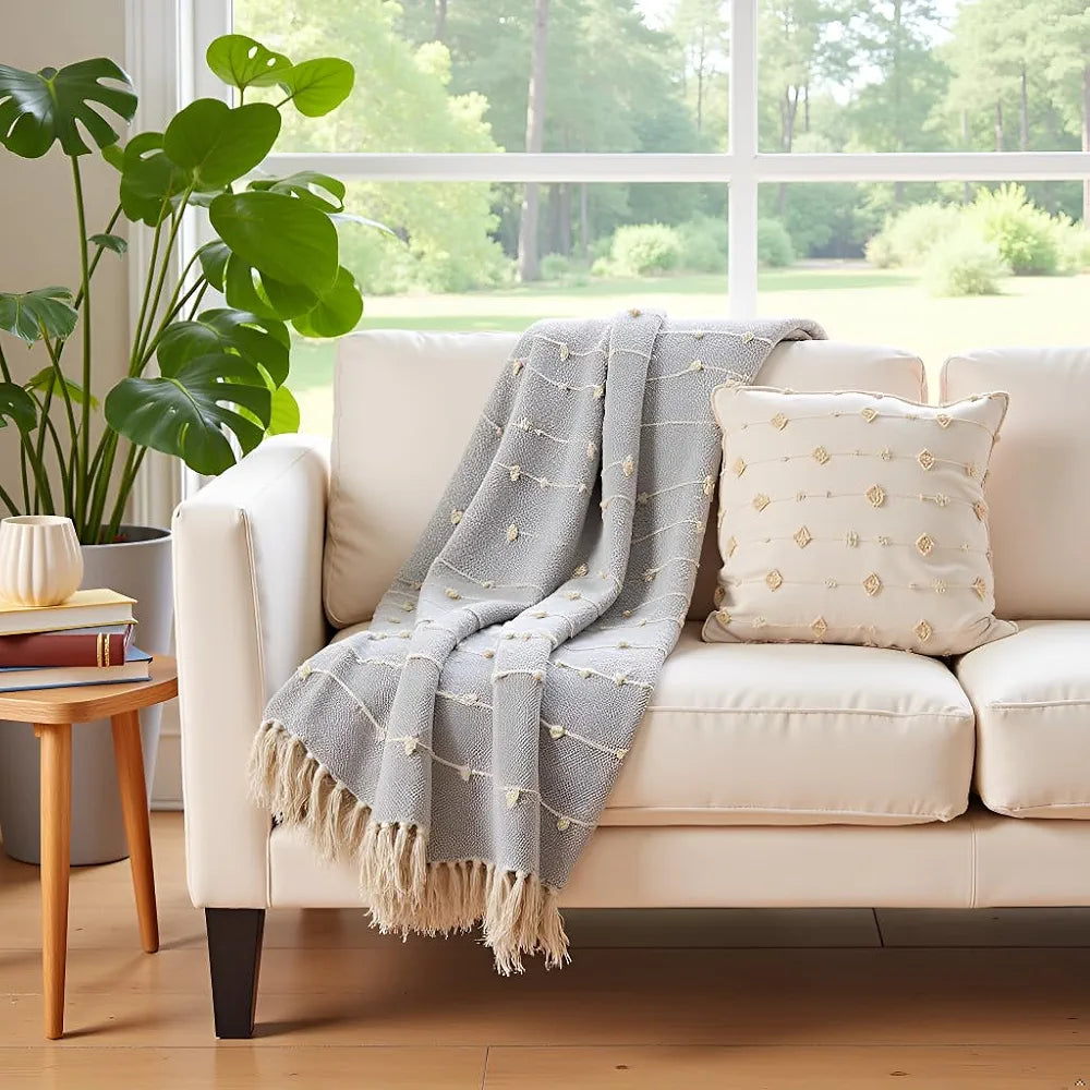 Sajavat Home Hand Knitted Pure Cotton Sofa Throw Colour Smoke Grey