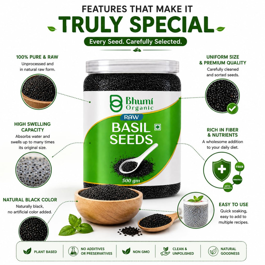 Bhumi Organic Basil Seeds 500g | Sabja Seeds, Beat the Summer Heat, High Fibre, Omega 3