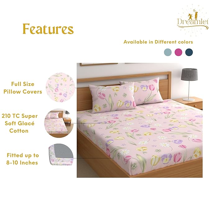 Dreamlet All Around Elastic Supersoft 210tc Premium Cotton Elastic Fitted Bedsheets With 2 King Size Pillow Covers | Pink and Lavender