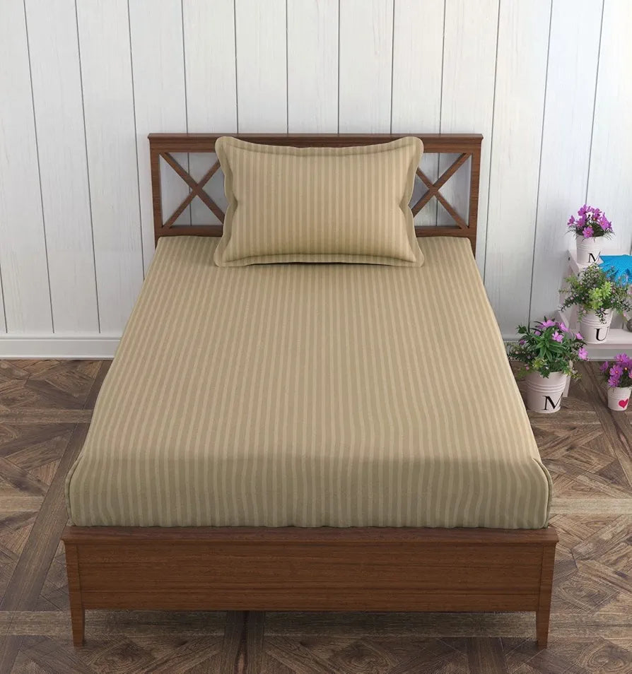 Trance Home Linen Cotton 78X36 Inch Single Fitted 200TC Satin Stripe Elastic Fitted Bedsheet With 1 Pillow Covers Colour Brown Grey
