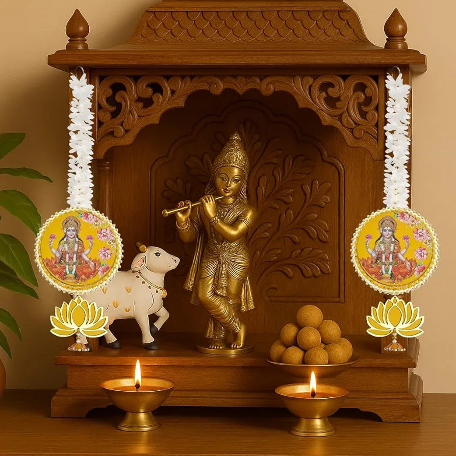 Handmade Artificial Laxmi Ji Decorative Hanging with Lotus & Garland Set of 2