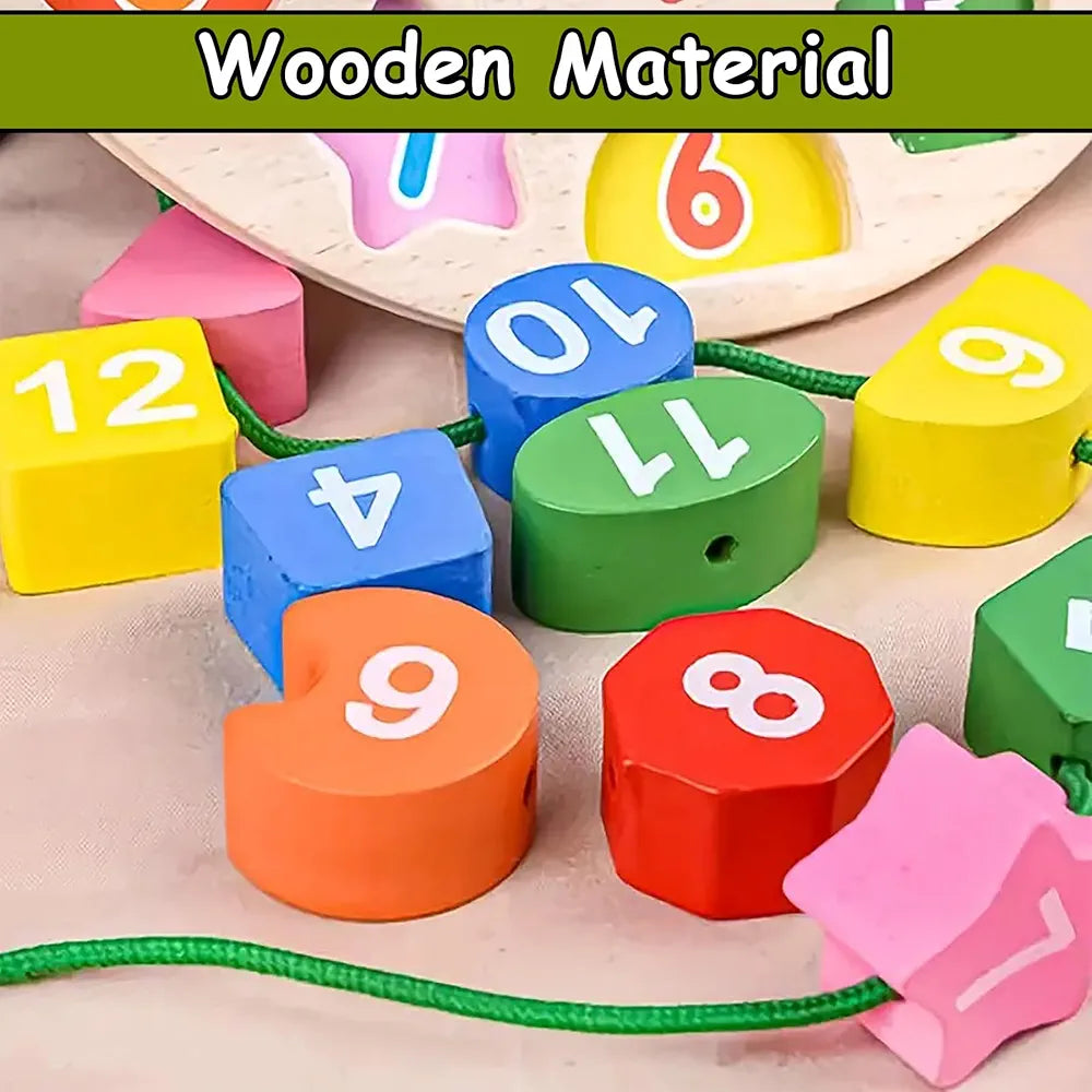 Wishkey Wooden Learning Clock with Bead Lace, Educational Digital Analog Numbers, Shape & Color Learning Montessori Toy for Kids