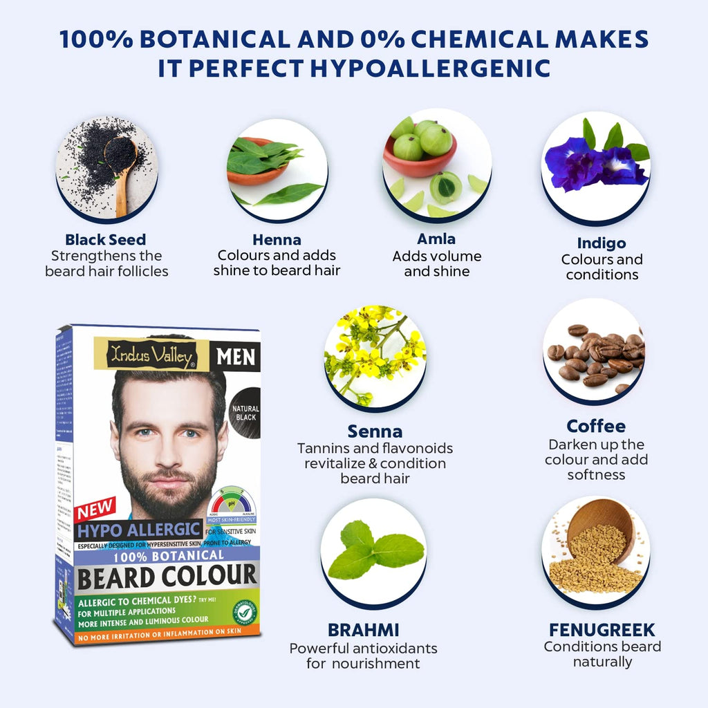 INDUS VALLEY 100% Botanical Hypo-Allergic Aqua Beard Colour â€“ Black, Gentle & Chemical-Free Formula for Natural-Looking Beard Colour with Shine (100g + 15ml)