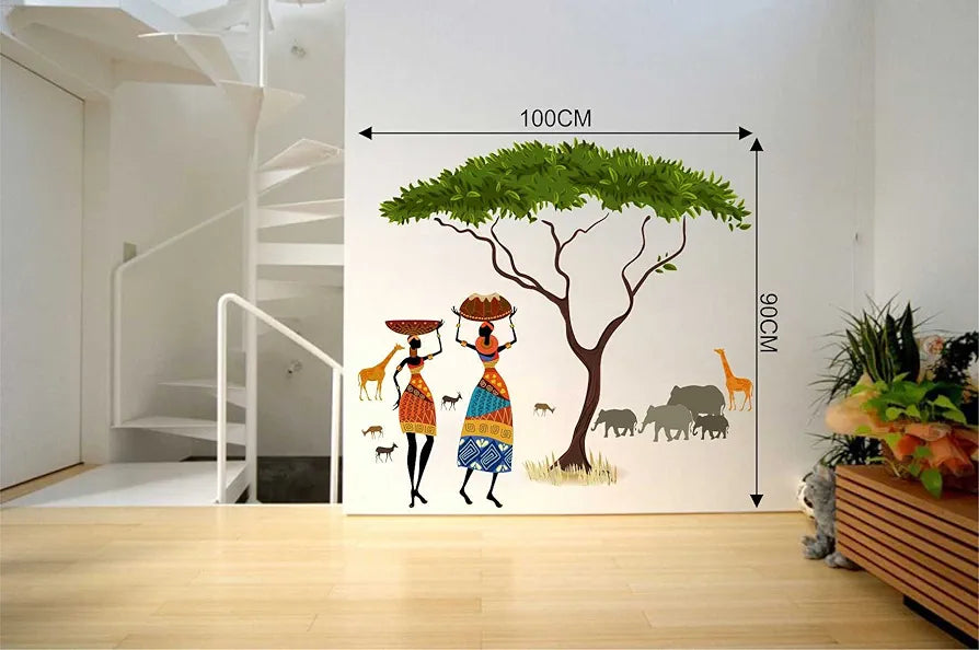 Rawpockets Decal African Jungle Artistic Tribal Ladies with Animal Nature Story Wall Sticker