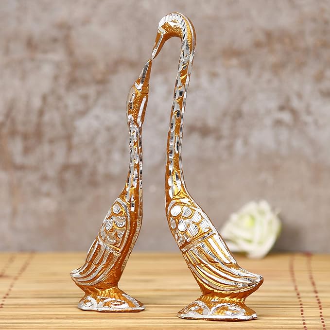 Artisyn Silver and Golden Metal Loving Kissing Swan Couple Statue Cute Love Birds Figurines Showpieces