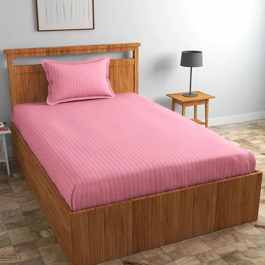 Homefab India 160 TC Stripe Glace Cotton Single BedSheet with 1 Pillow Cover Baby Pink