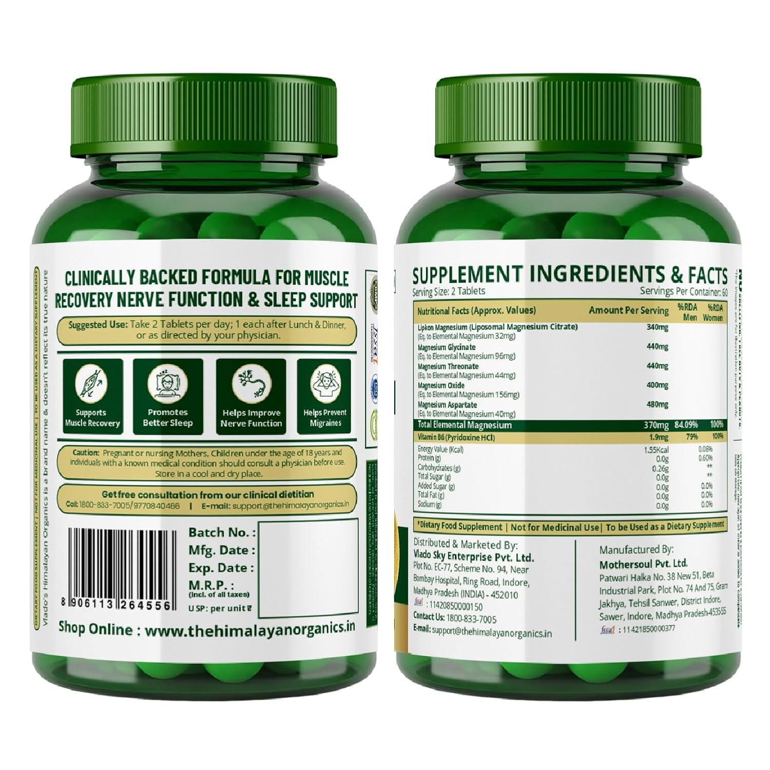 Vlado's Himalayan Organics 5X Strength Liposomal Magnesium Supplement - 2100mg+ with Chelated Magnesium Glycinate, Citrate, Oxide, Threonate, Aspartate & Triple magnesium Complex | For Sleep, Cramps, Recovery 120 Tablets