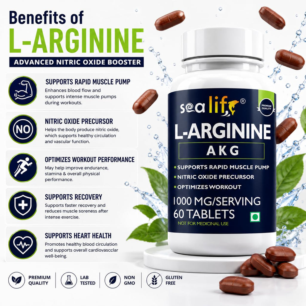 Sea Life L-Arginine AKG 1000 mg (60 Veg Tablets) | Boosts Stamina & Supports Rapid Muscle Pump | Nitric Oxide Precursor | Muscle Building Amino Acid | High Absorption L Arginine Supplement