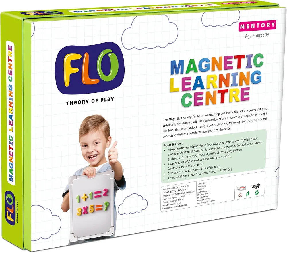 FLO Toys Magnetic Learning Centre for Kids Double-Sided Magnetic Board with A-Z Letters, 0-9 Numbers Marker & Duster Educational Preschool Toy for Boys & Girls