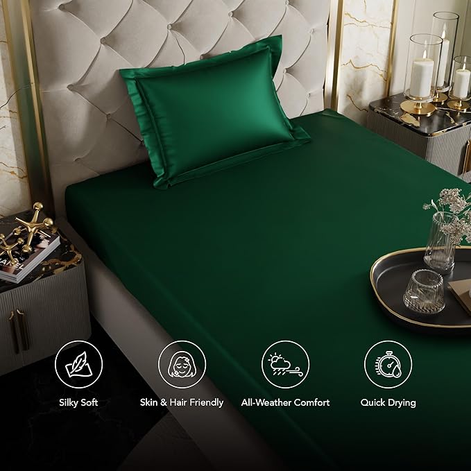 Stoa Paris Satin Elastic Fitted Bedsheets for Single Bed 300TC Premium 1 Pillow Cover Colour Emerald Green