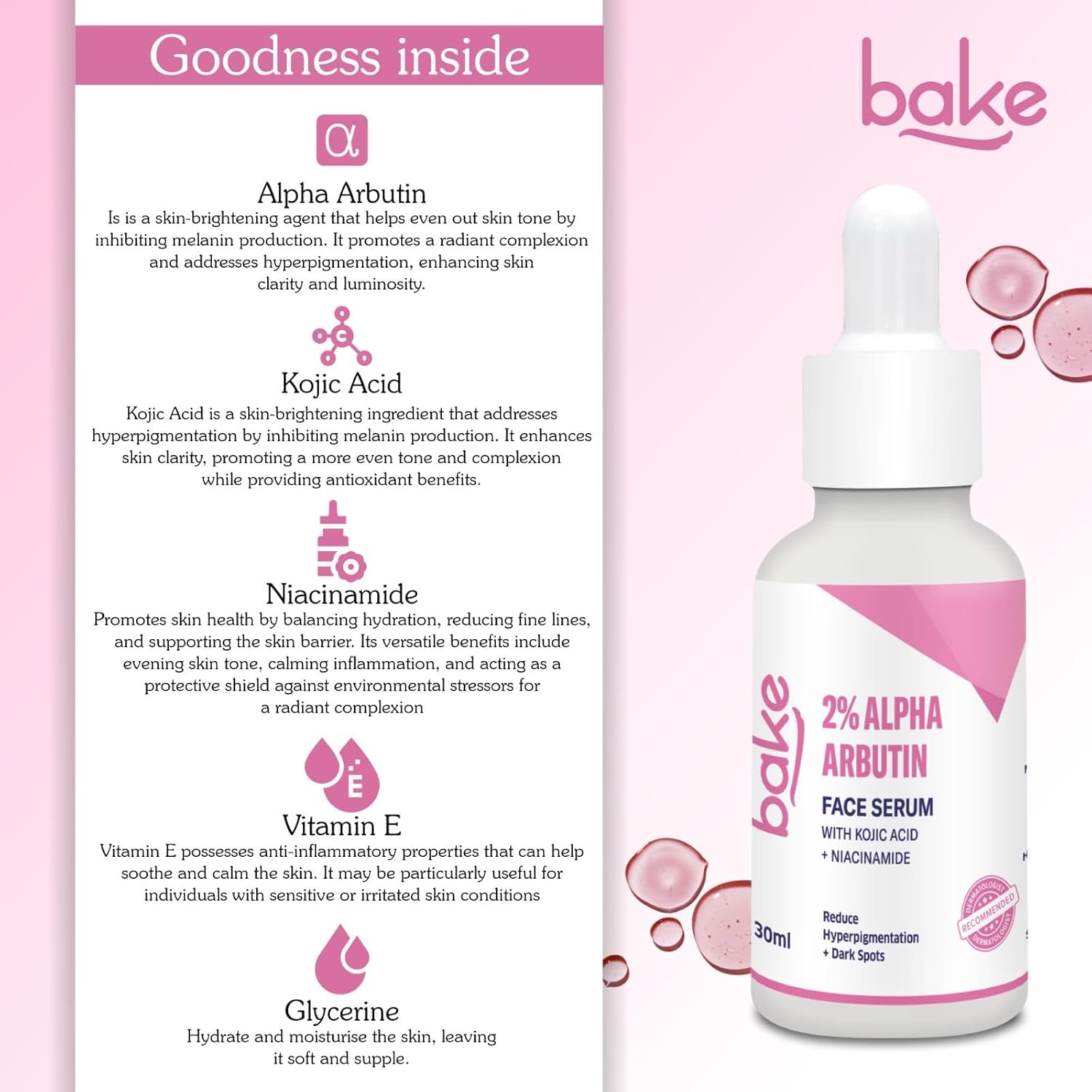 BAKE 2% Alpha Arbutin & Kojic Acid Face Serum Niacinamide for Dark Spots,Pigmentation & Tan Removal | Reduces Dark Spots, Controls Melanin Production & Evens Out Skin Tone | For Men & Women | 30ml