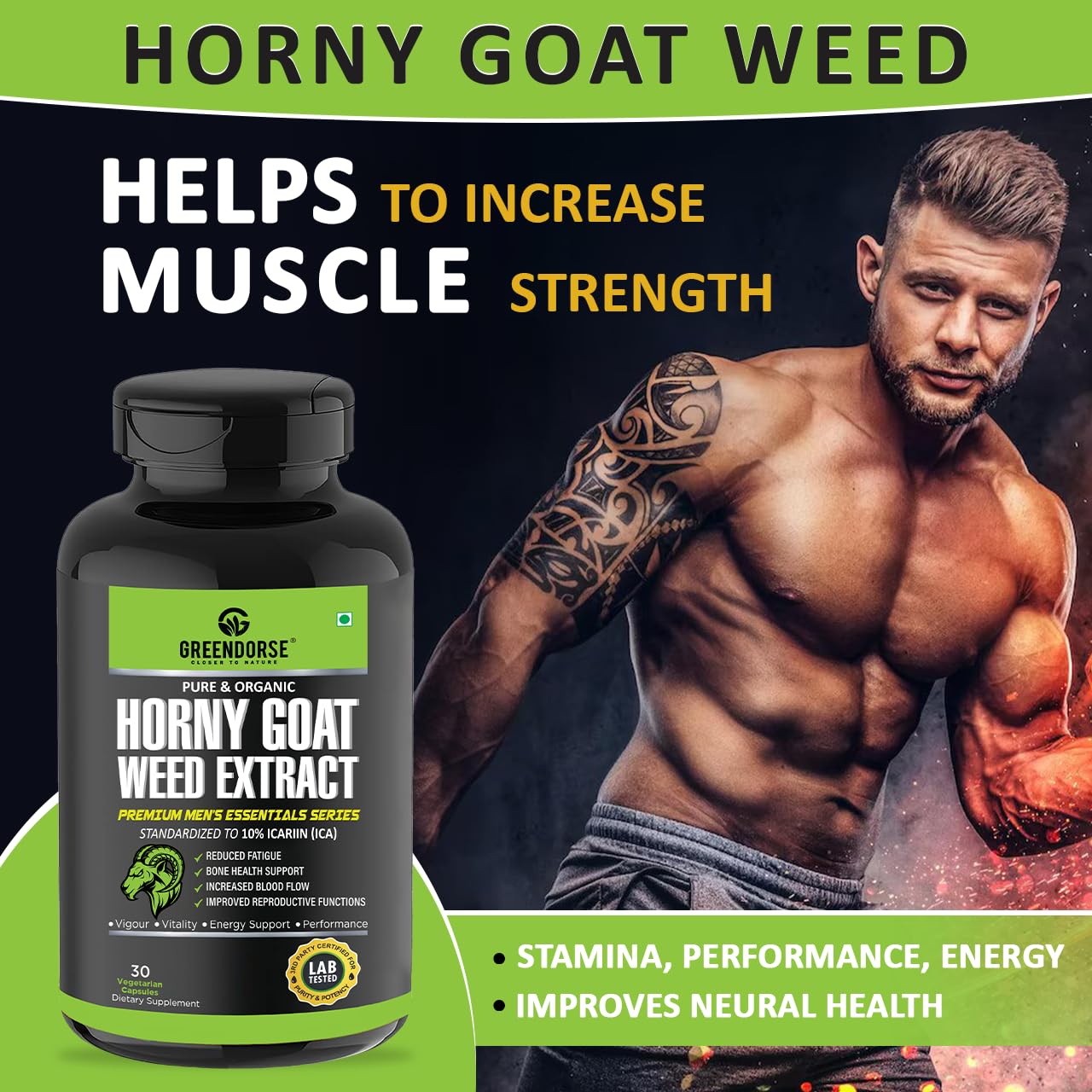 GREENDORSE Horny Goatweed (Epimedium) Extract Capsule | High Potency 10% Icariin by HPLC | For better Circulation, Strength, Stamina, Performance & Energy - 30 Veg Capsules