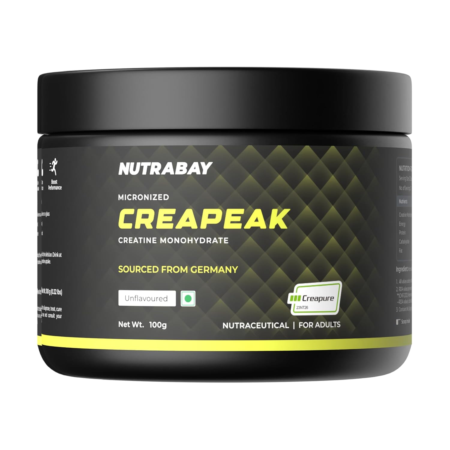 Nutrabay CreaPeak Creatine Monohydrate - 100g, Unflavoured | Powered by Creapure from AlzChem, Germany | 99.9% Pure Micronized Form for Faster Absorption