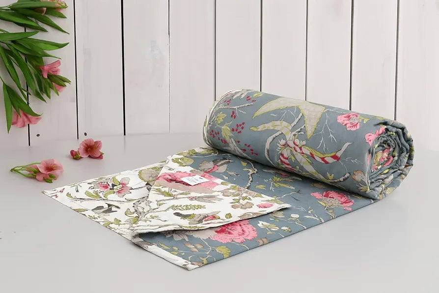 Trance Home Linen 100% Cotton Reversible Dohar Double Bed Size Jaipuri Printed Artisan Block Design Blanket Soft Lightweight Colour Calicut Green