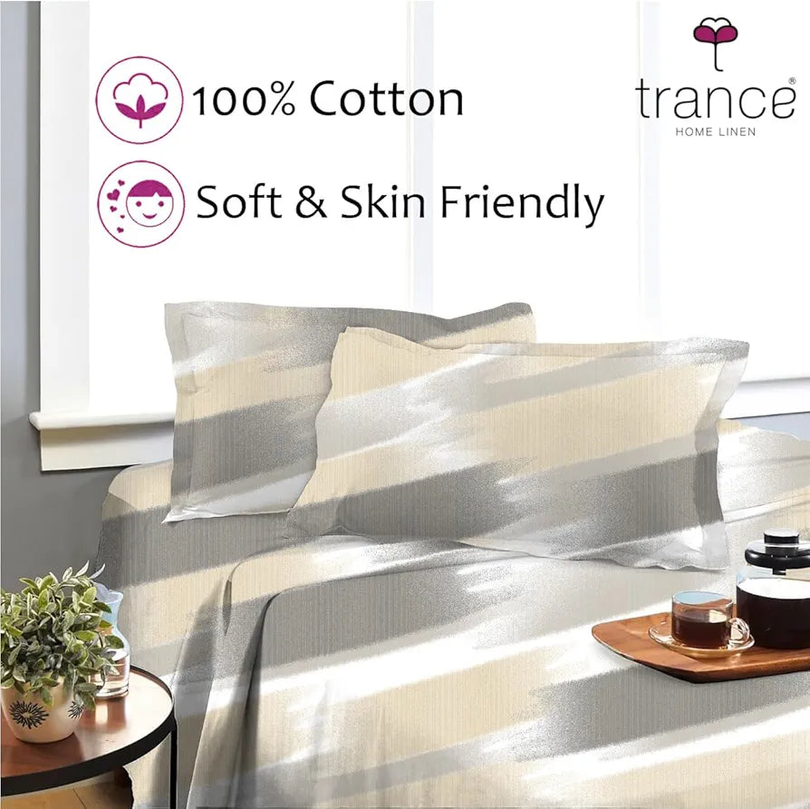 Trance Home Linen Skin Friendly 100% Cotton Printed Fitted Bedsheet for Queen Size Bed with 2 Pillow Cover Premium 180TC Colour Fairy Lines