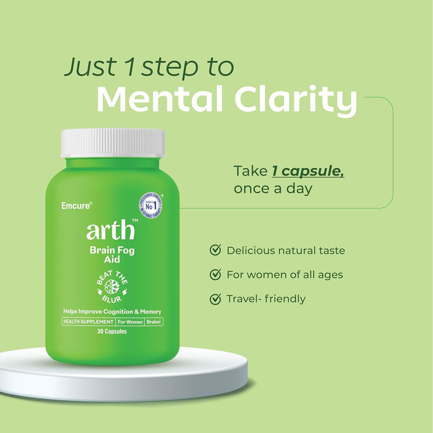 Arth Brain Fog Support | Brain Booster Supplement for Women | Helps Improve Cognition, Focus, Concentration, and Memory; Reduces Stress & Anxiety | Formulated with a highly potent Brahmi tablet featuring Brahmi extract (B-Lit Bacopa) (30 Veg Capsules)