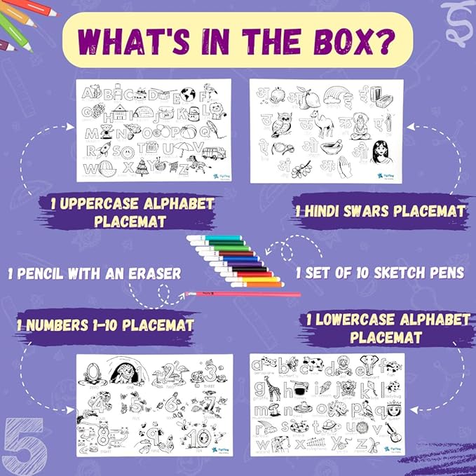 Pepplay Reusable 4 Learning Sheets with Sketch Pens & Pencil Pre-School Educational Toy Birthday