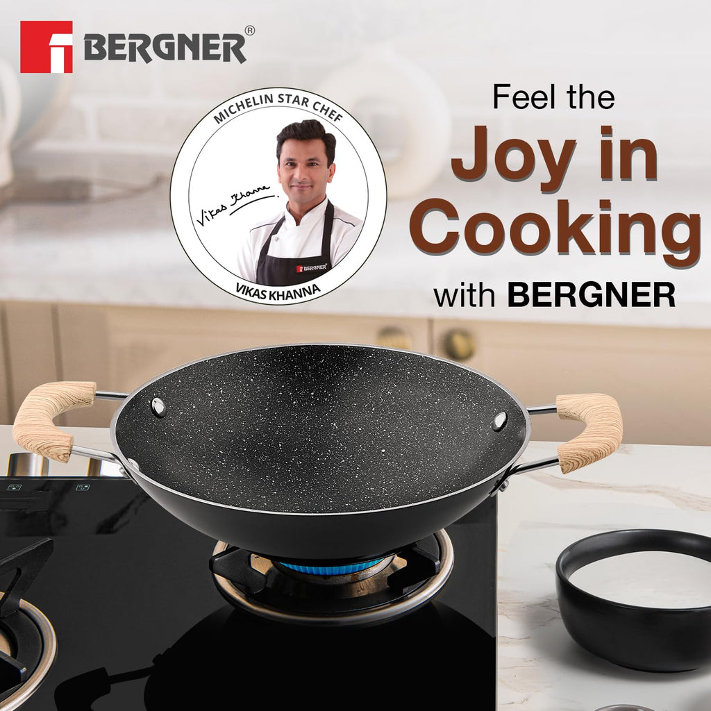 Bergner Bellini Plus Aura 5-layer Non-stick 20 Cm Appachetty With Stainless Steel Lid, Wooden Finish Soft Touch Handle