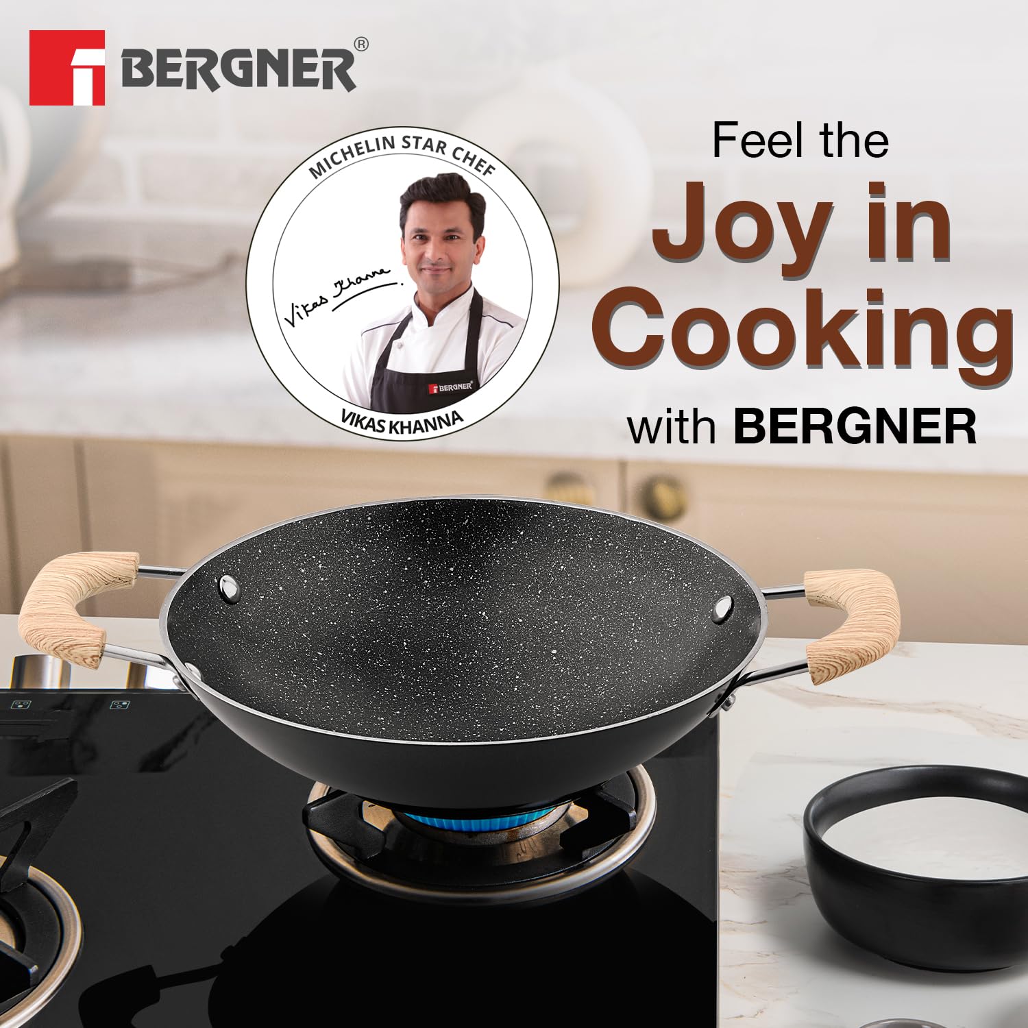 Bergner Bellini Plus Aura 5-layer Non-stick 20 Cm Appachetty With Stainless Steel Lid, Wooden Finish Soft Touch Handle
