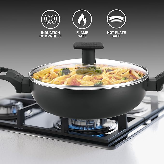 Milton Pro Cook Granito Induction Kadhai With Glass Lid, 28 Cm / 4.1 Litre, Black - 1820 gms