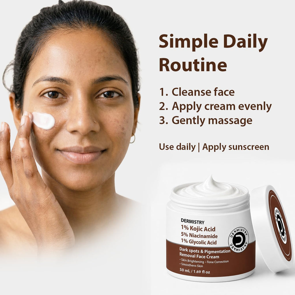Dermistry 1% Kojic Acid 5% Niacinamide Moisturizer Face Cream for Pigmentation Dark Spots D De Tan Uneven Dull Skin Tone Detan Dtan Removal Glowing Skin Face Glow Men Women Dry Oily All Skin Type 50ml
