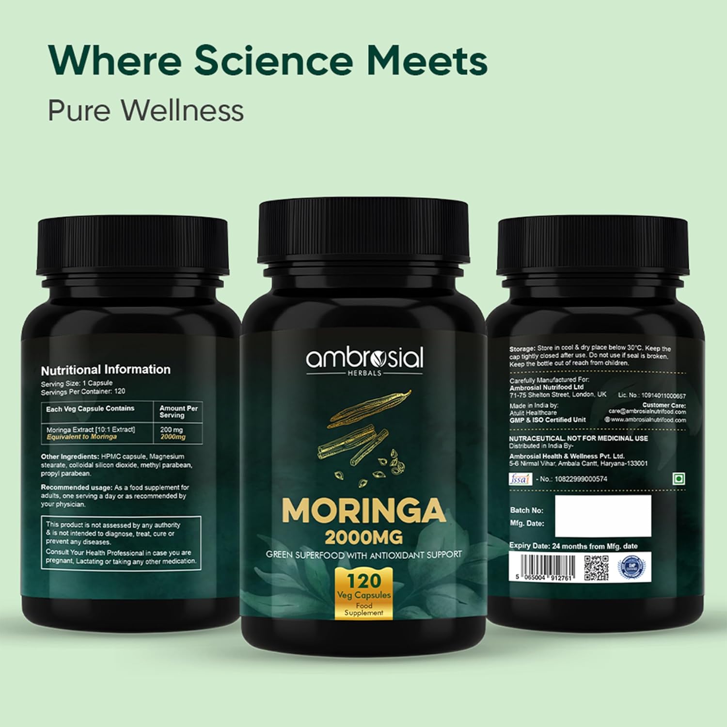 Ambrosial Moringa Capsules 2000mg | Moringa Leaf Extract | Plant-Based Herbal Supplement | Natural Wellness Support | 120 Vegan Capsules