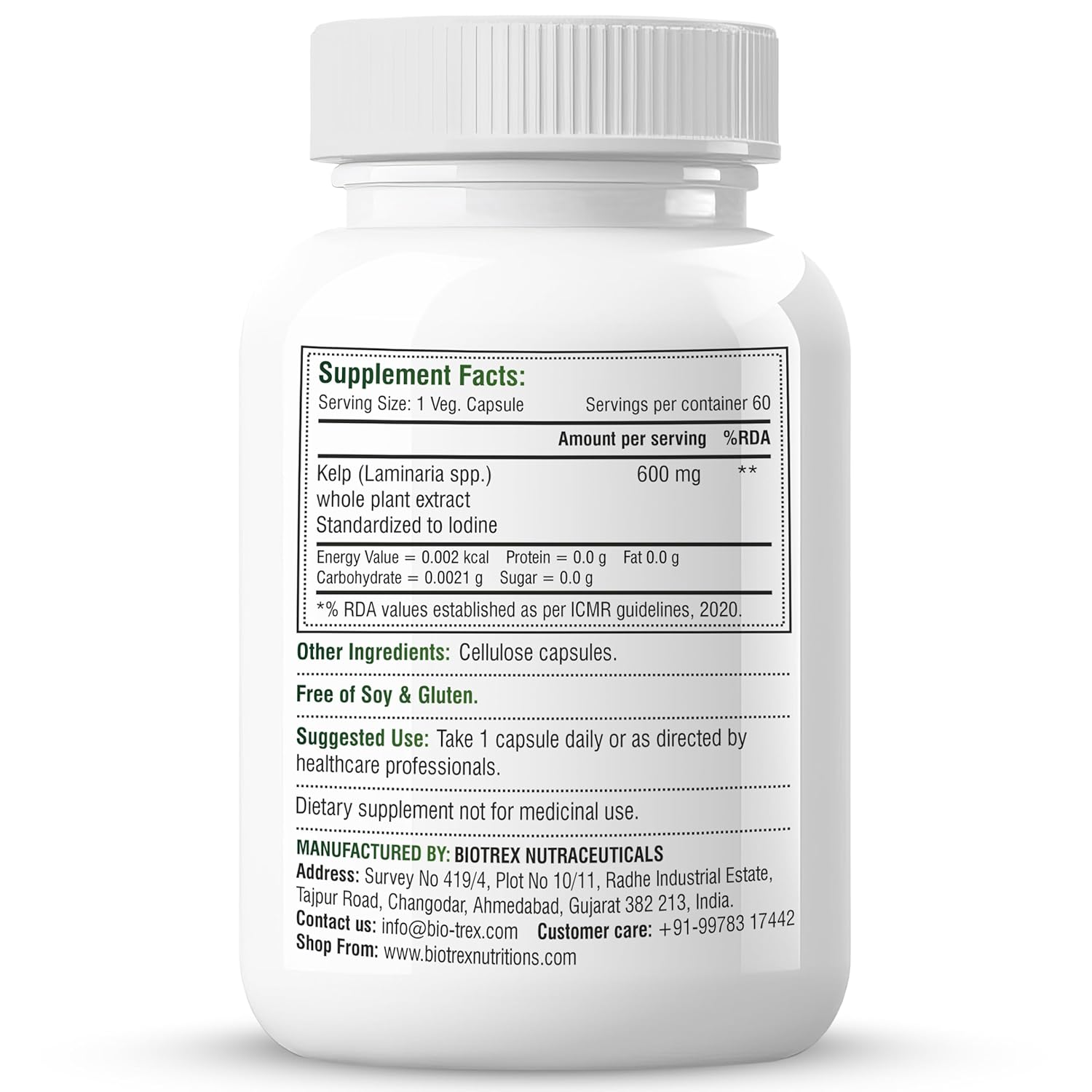 Biotrex Nutraceuticals Kelp Extract 600mg | Richest Vegan Source of Iodine | Supports Thyroid Health & Healthy Metabolism with Soluble Fiber - 60 Veg Capsules