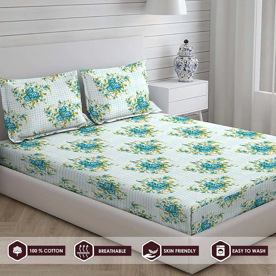 Layers California Bedsheet Set for All Seasons Lightweight, Moisture Absorbent 225 CVC King Size White & Blue Floral Pattern