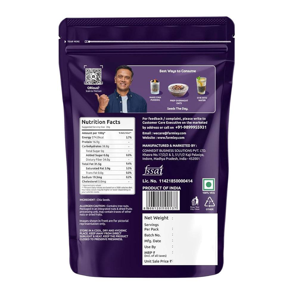 Farmley Chia Seeds 500g, Pack of 1 I Seeds for Eating | Seeds for Weight Management | Rich in Calcium, Protein & Fibre