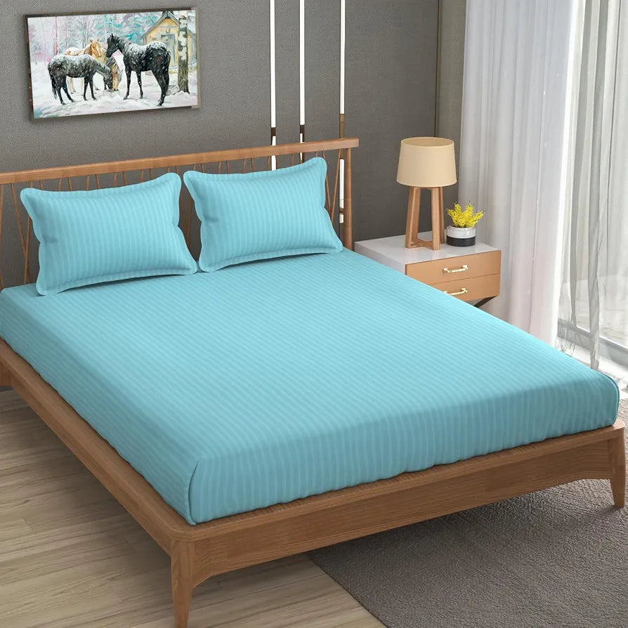 Homefab India 160 TC Stripe Cotton Feel Glace Cotton Elastic Fitted King Size Double Bed Bedsheet with 2 Pillow Covers Fits Upto 6 inches Mattress Aqua Blue