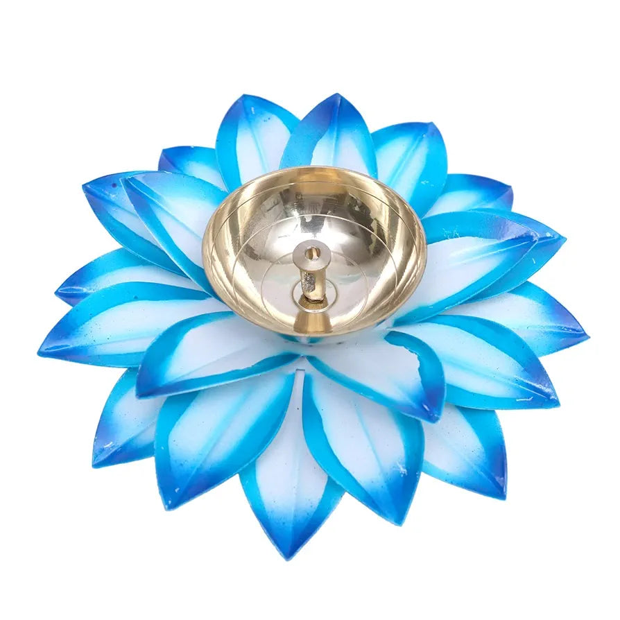 Brass Diya Oil Lamp Stand Lotus Kamal Patti Diyas Sky Blue