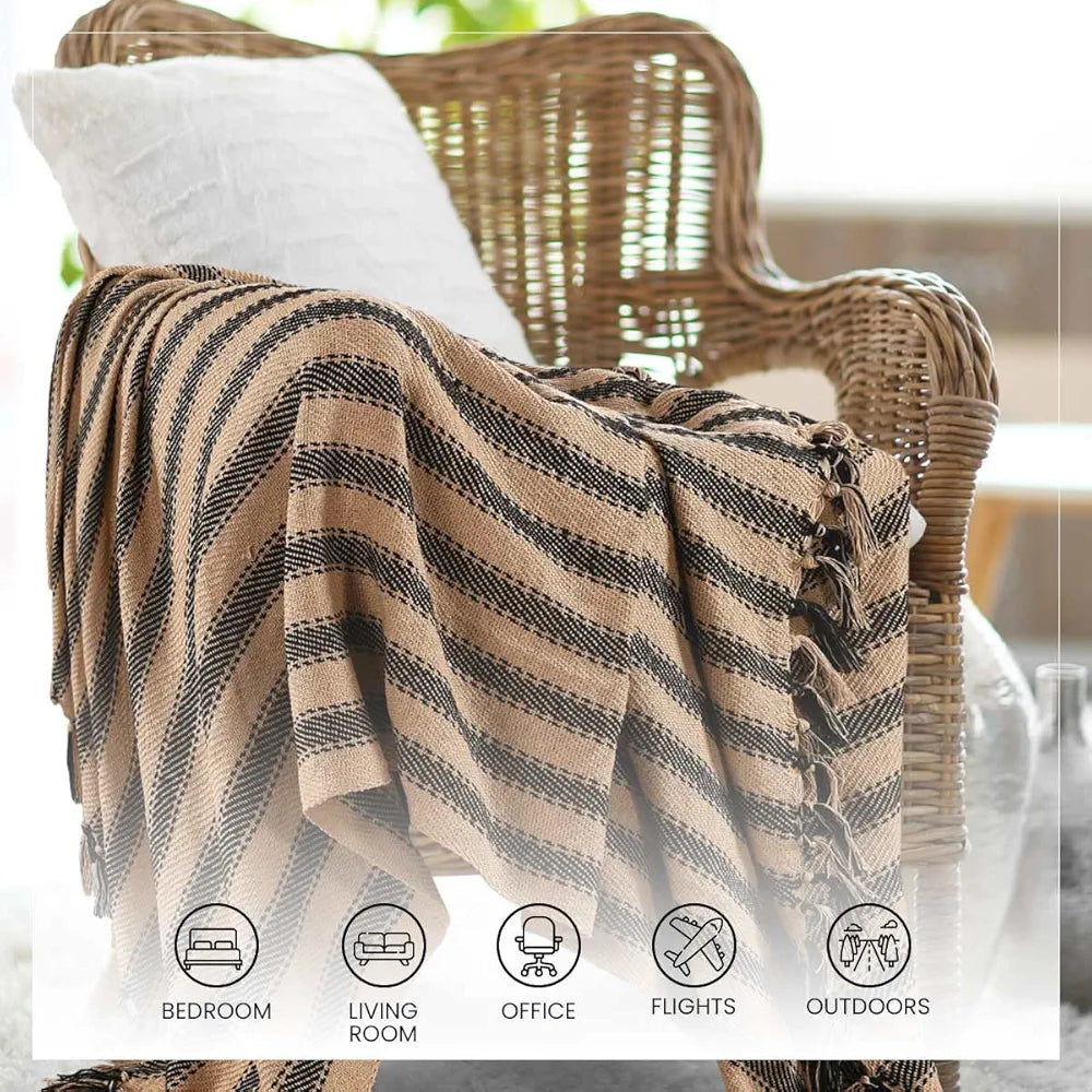 Sashaa World Striped Throw Medium with Tasselled Edges Colour Camel