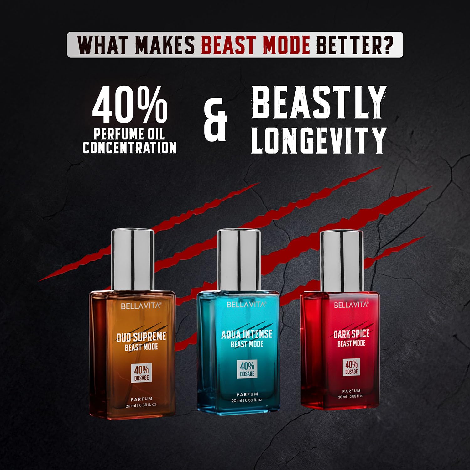 BELLAVITA Beast Mode Collection Set with 40% Perfume oil concentration | Long Lasting | Set of 3 x 20ml each | Perfume for Man | Gift for Men | Spicy, Wood, Musk and Oud Premium Fragrance for Men