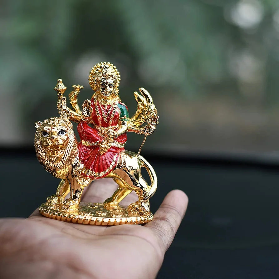 Collectible India Gold Plated Goddess Maa Durga Sherawali MATA Idol Statue for Car Dashboard