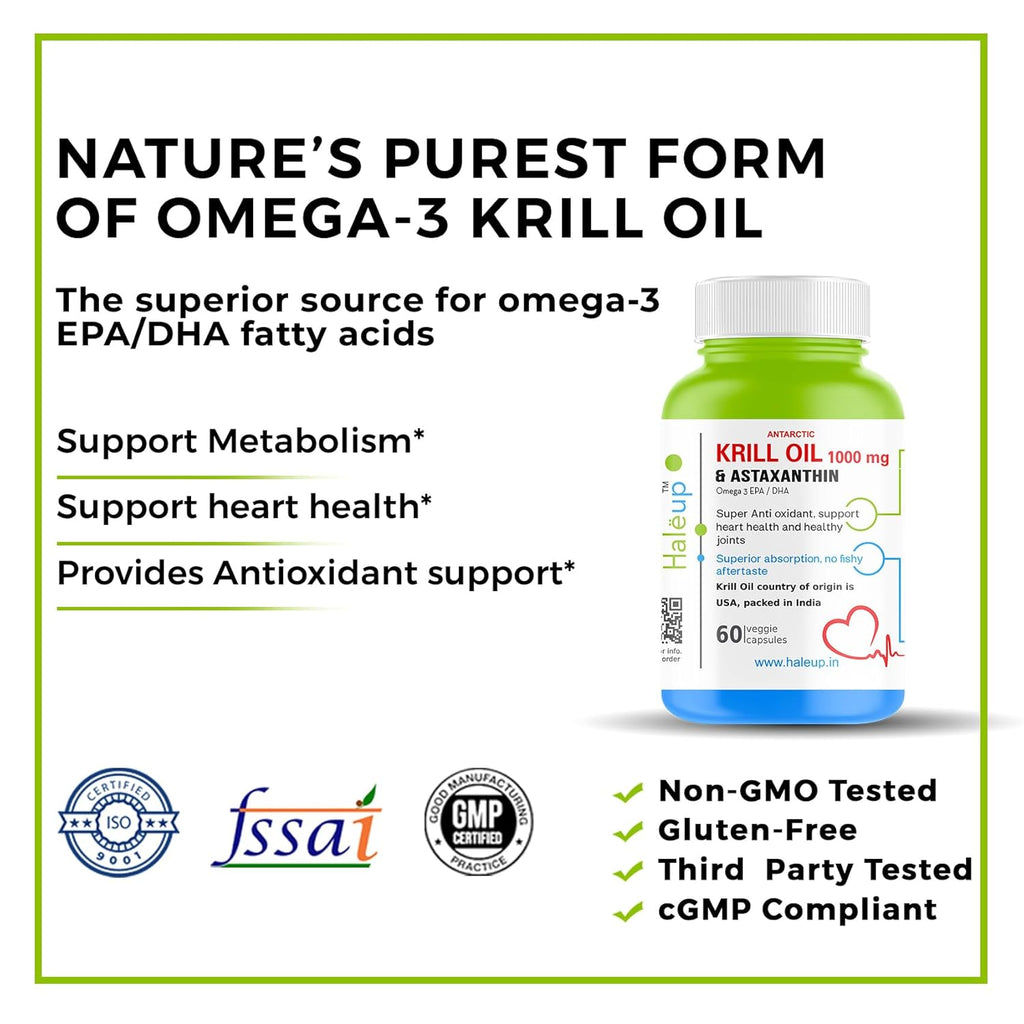 Haleup Antarctic Krill Oil Omega 3 Fatty Acid capsules 1000 mg, Highest Concentration of EPA DHA/Krill Oil for Men & Women, Supports Heart, Brain, Joint and Eye