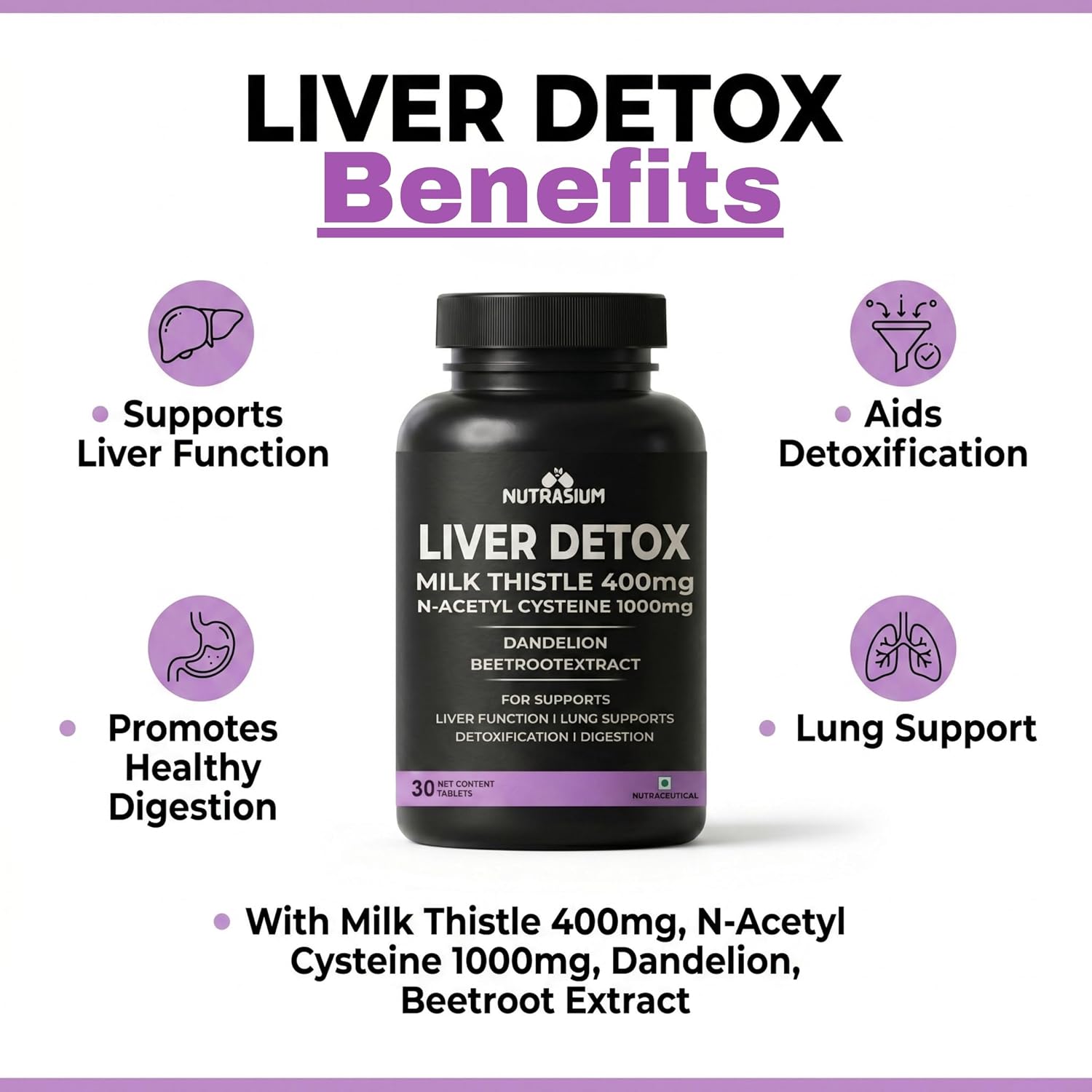 Nutrasium Liver & Lung Detox Supplemets | Milk Thistle- 400 mg | N-Acetyl Systeine 1000 mg | Dandelion & beet root For Support Lung & Liver Health | 60 Tablets (60 Tablets, Liver Detox)
