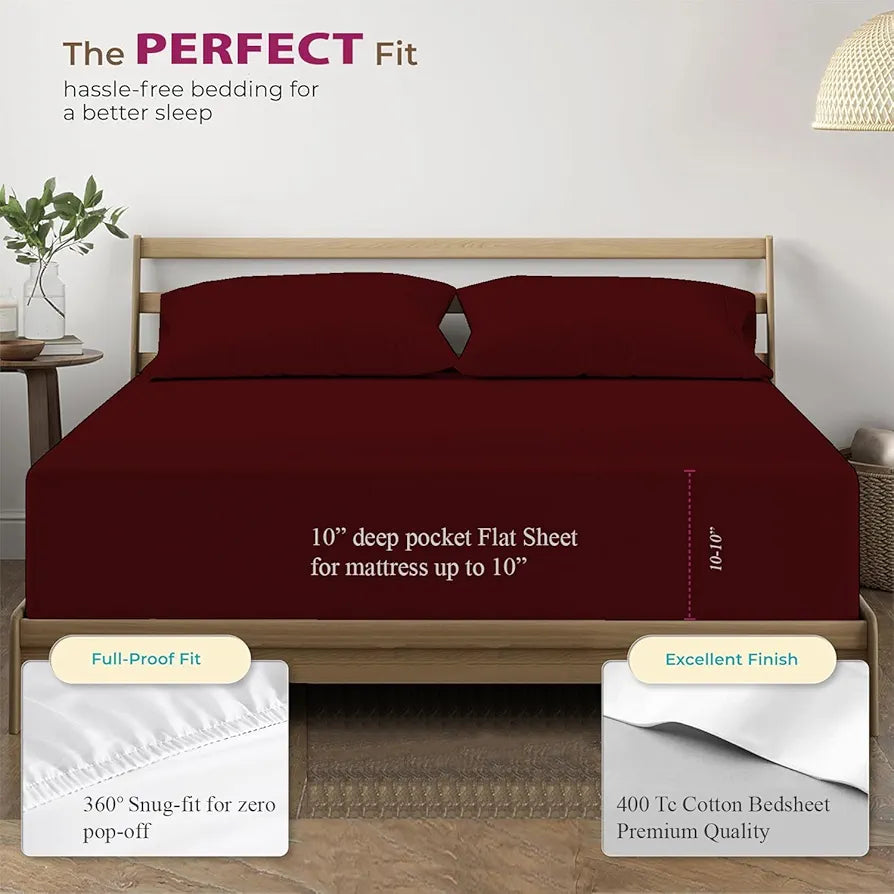 Trance Home Linen 100% Cotton 78x72 inch King Elastic Fitted Bedsheet 400 Thread Count Premium with 2 Pillow Covers Colour Maroon