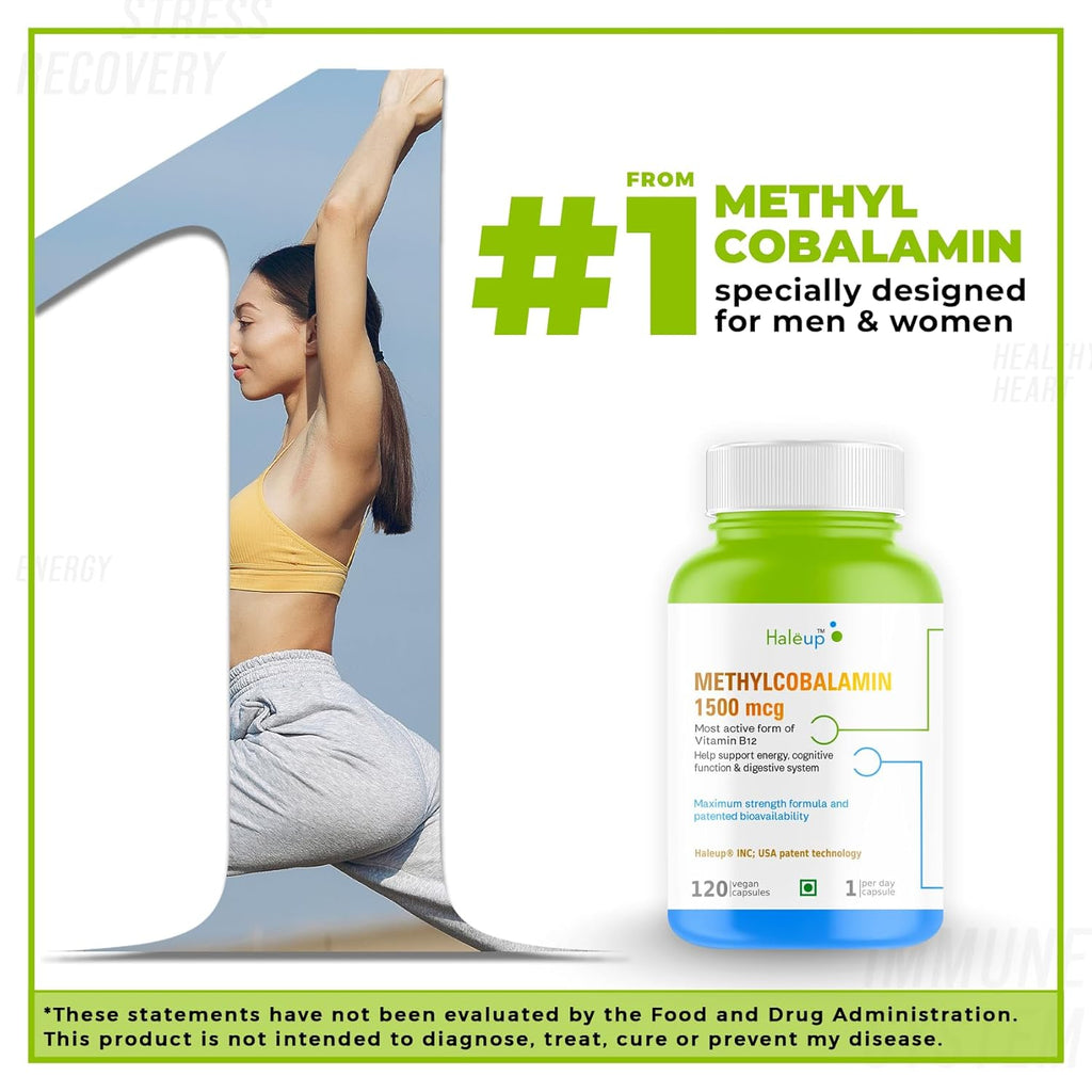 Haleup Vitamin B12 supplement capsules1500mcg -Active form of Methylcobalamin B12 Supplement for Men & Women- 120 Veg capsules