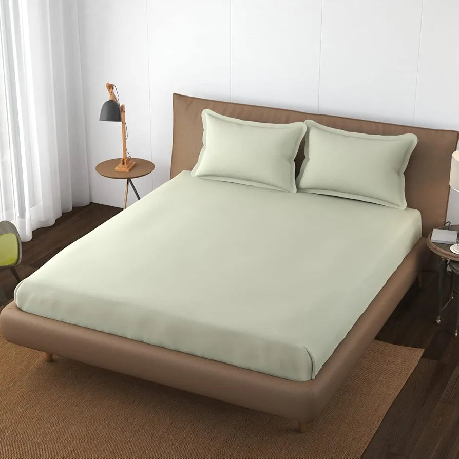 Trance Home Linen 100% Cotton 78x60 inch Queen Elastic Fitted Bedsheet 400TC Premium Queen Double Bed Size with 2 Pillow Covers Colour Ivory