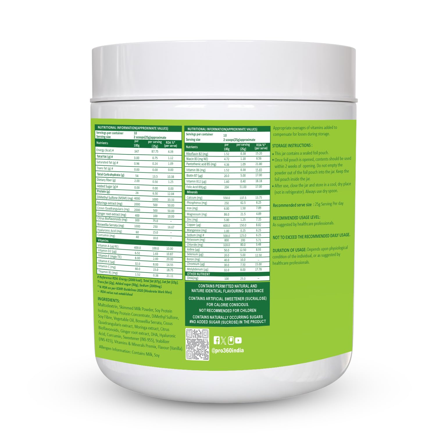 Pro360 Ortho Pro-V 250g Protein Powder for Bone and Joint Health | Supplement for Orthopedic Care with Natural Herbal Extracts | No added Sugar â€“ Vanilla (Pack of 1)