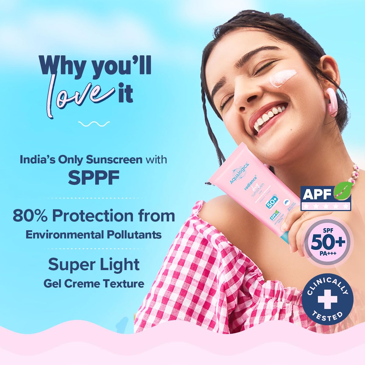 Aqualogica Radiance+ Dewy Sunscreen Gel SPF 50+ PA++++ | Lightweight texture for oily , combination , acne prone skin | Broad spectrum protection | In-vivo Tested | No white cast , Non greasy | For Men & Women | 30g