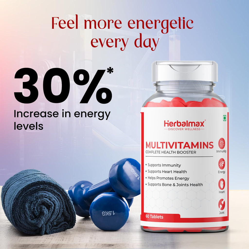 Herbal max Multivitamins Tablets for Men and Women with Zinc, Vitamin C, Vitamin D3, Multiminerals and Ginseng Extract, Enhances Energy, Stamina & Immunity - 60 Tablets