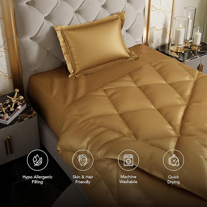 Stoa Paris Satin Comforter Single Bed with 300 TC One Pillow Cover Colour Gold