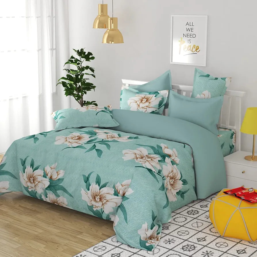 HomeKart Prime Collection Microfiber bedsheet for Double Bed with 2 Pillow Covers Breathable and Soft Touch 164 TC Pattren Floral Color Light Green and White