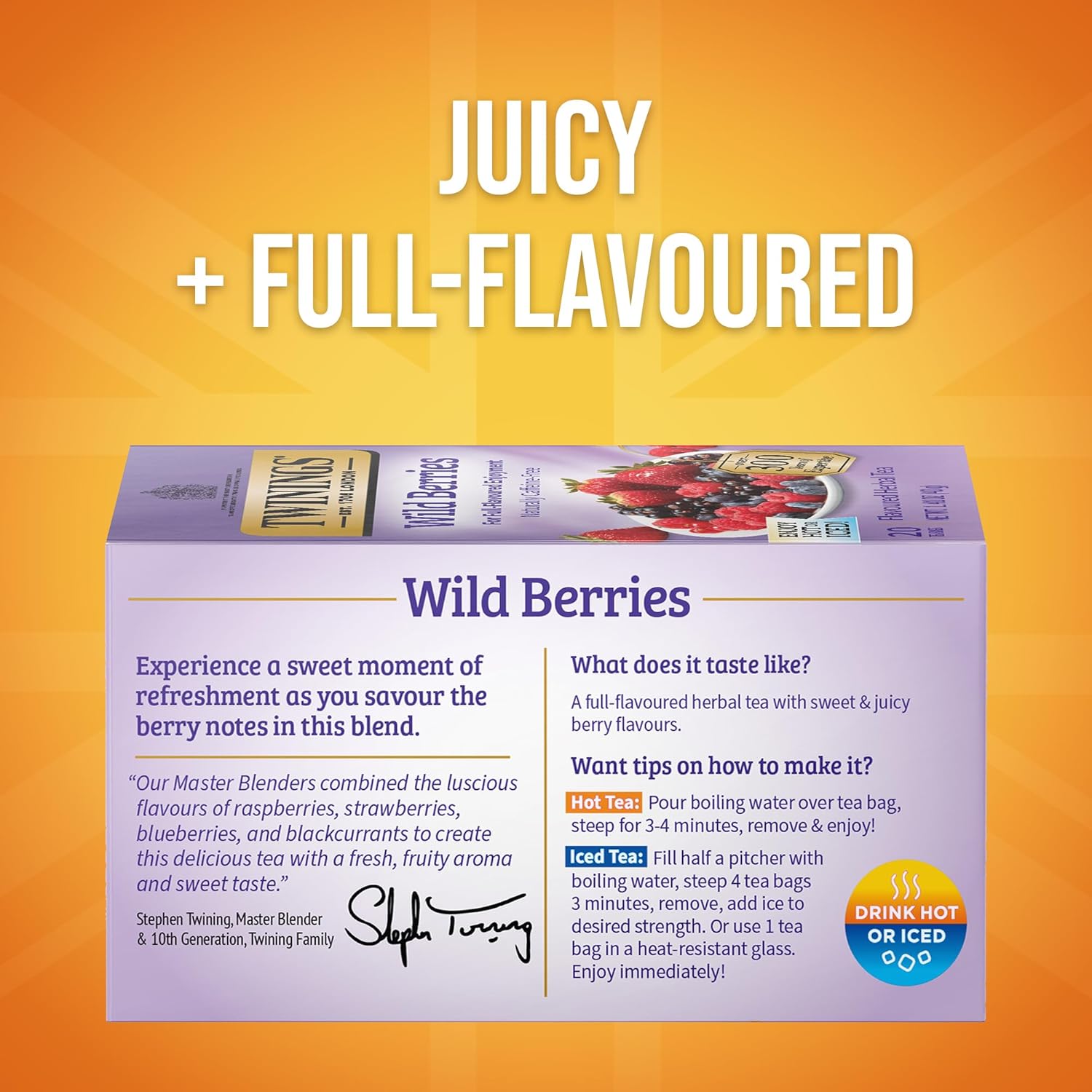 Twinings Wild Berries Herbal Tea Individually Wrapped Bags, 20 Count (Pack of 1), Full-Flavoured, Naturally Caffeine-Free, Enjoy Hot or Iced, 20 Teabags