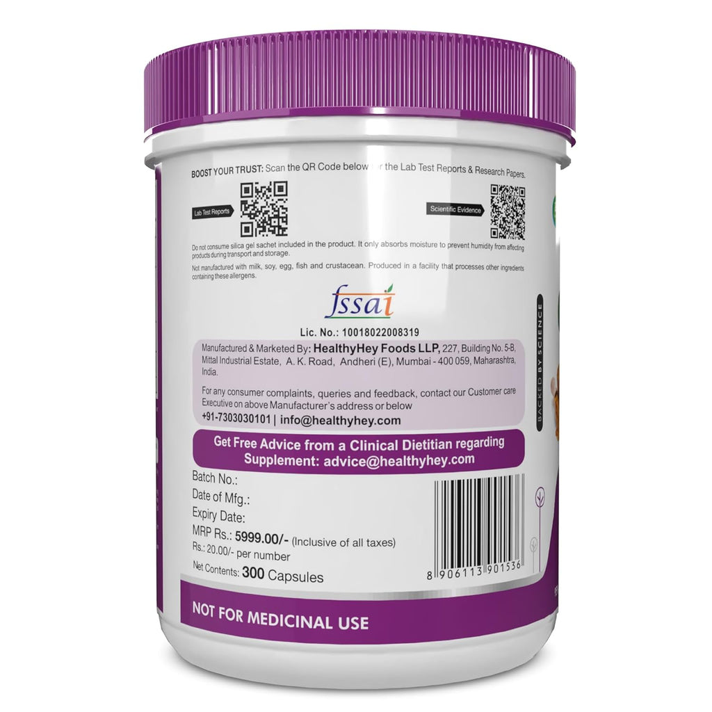 HealthyHey Nutrition Curcumin with Bioperine 1310mg (Ultra Pure) | Organic Turmeric, 300 Vegetable Capsules with Piperine