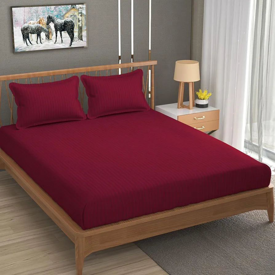 Homefab India 160 TC Stripe Cotton Feel Glace Cotton Elastic Fitted King Size Double Bed Bedsheet with 2 Pillow Covers Fits Upto 6 inches Mattress Maroon