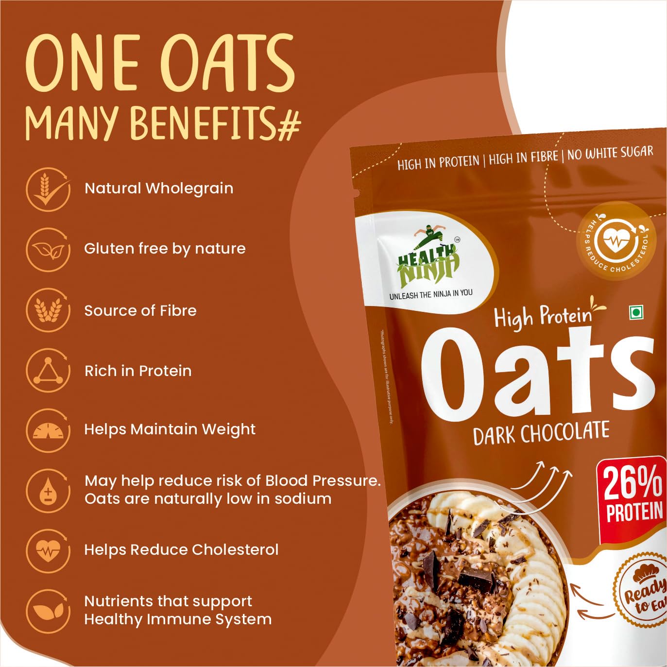 Health Ninja Dark Chocolate Oats | High Protein Breakfast Oats | Protein Oats 900 gm Pack