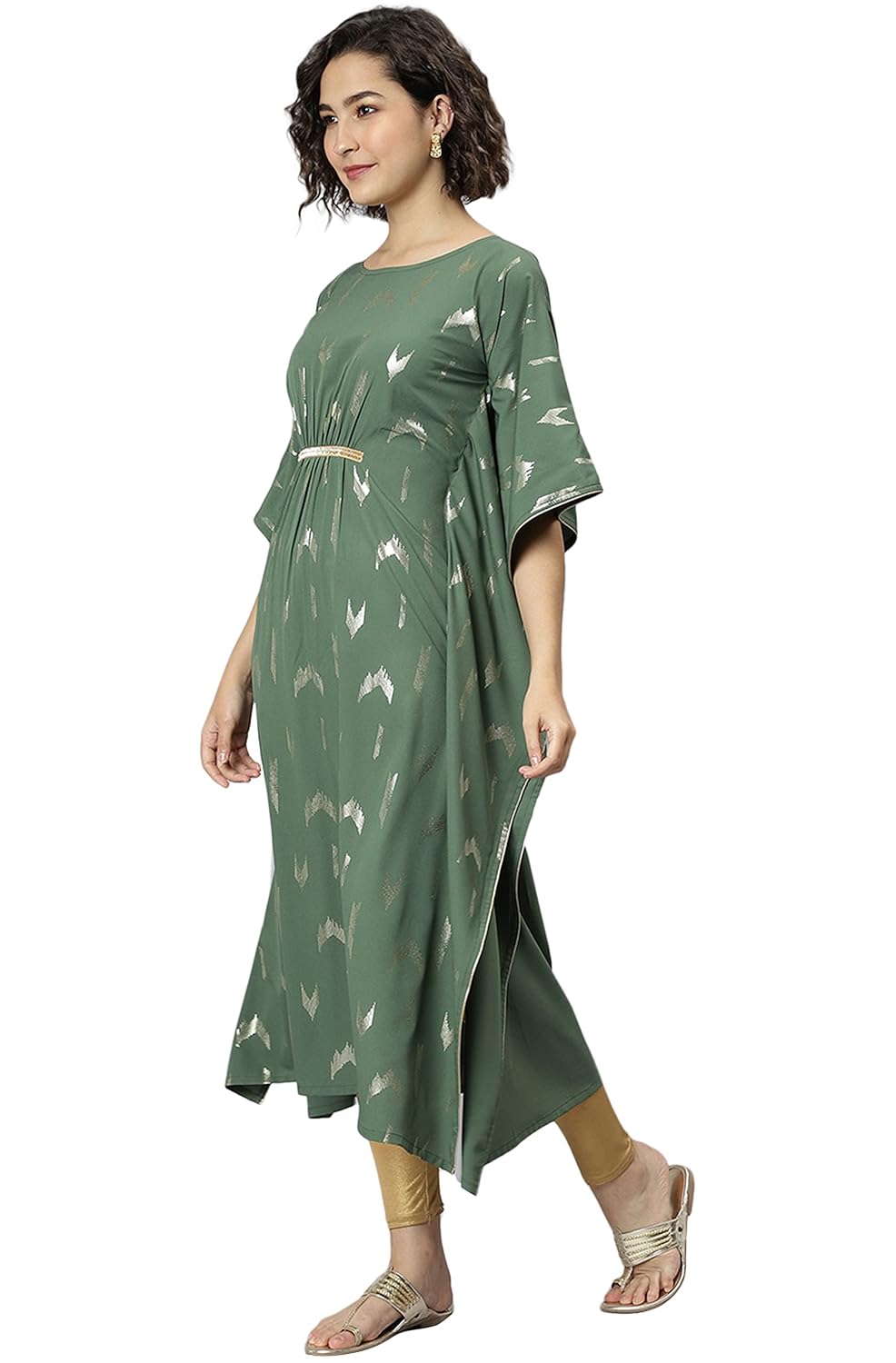 Janasya Women's Green Poly Crepe Geometric Print Kaftan Kurta